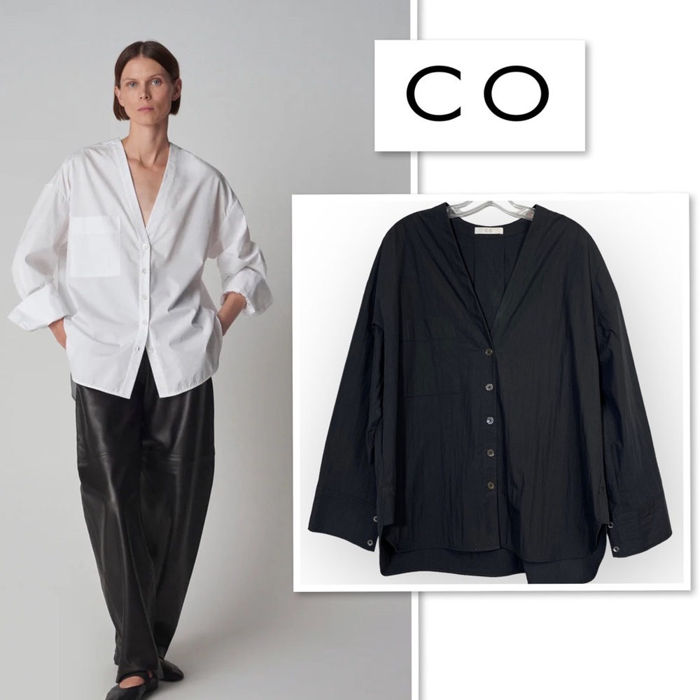 CO Collections V-Neck Blouse in Cotton Blend Poplin Black S Luxury Minimalist